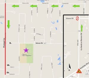 (main) Suggested alternate route to Florence Elementary;  (Inset) Zoomed in view of FM 1938/Southlake intersection 