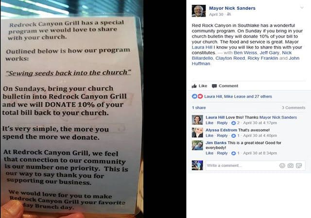 Screenshot of Mayor Nick Sander's Facebook post and about Redrock Canyon Grill's program. Picture of the flyer that says Redrock Canyon in Southlake will donate 10% of your bill to your church on any Sunday.