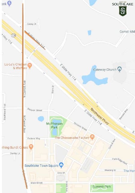 Map of Southbound Lane Closure on N. Carroll Avenue from SH 114 to Main Street