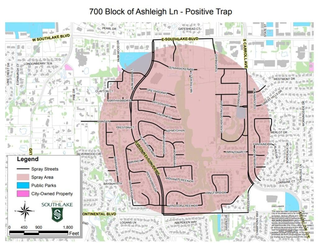 Shows map of Ashleigh Lane spray area in Southlake 