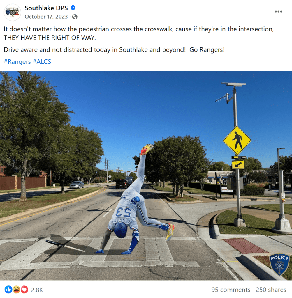 Screenshot of a Facebook post with a Texas Rangers player cartwheeling in a crosswalk.